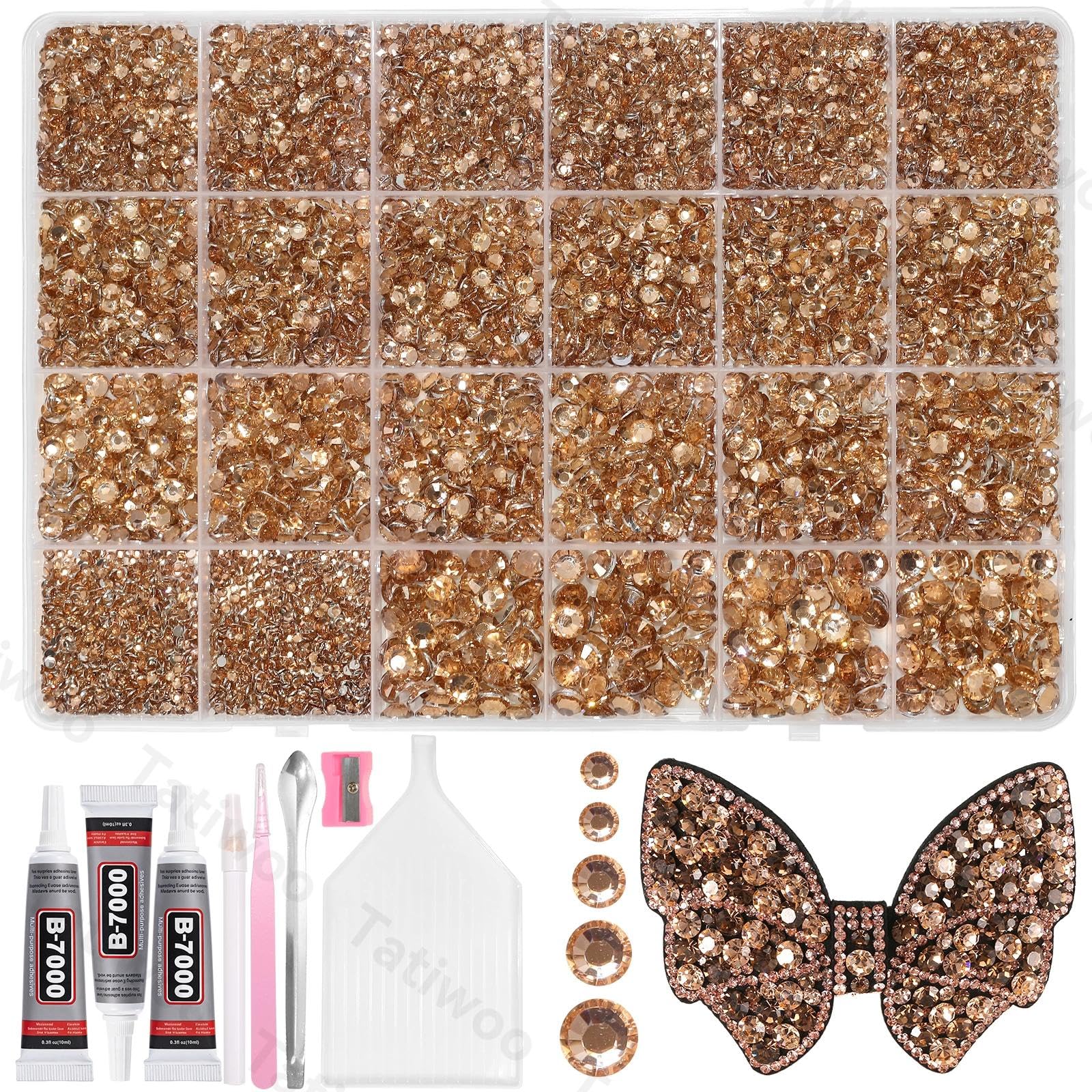 Tatiwoo 20000Pcs Champagne Flatback Rhinestones Kit – Mixed Sizes for DIY Crafting & Tumblers