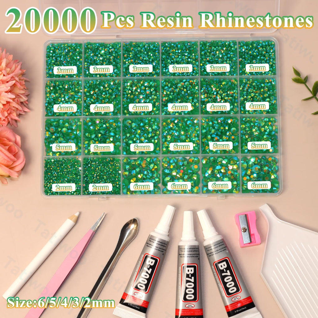 Tatiwoo 20000Pcs Dark Green Flatback Jelly Rhinestones – Mixed Sizes for Crafts, DIY, Tumblers