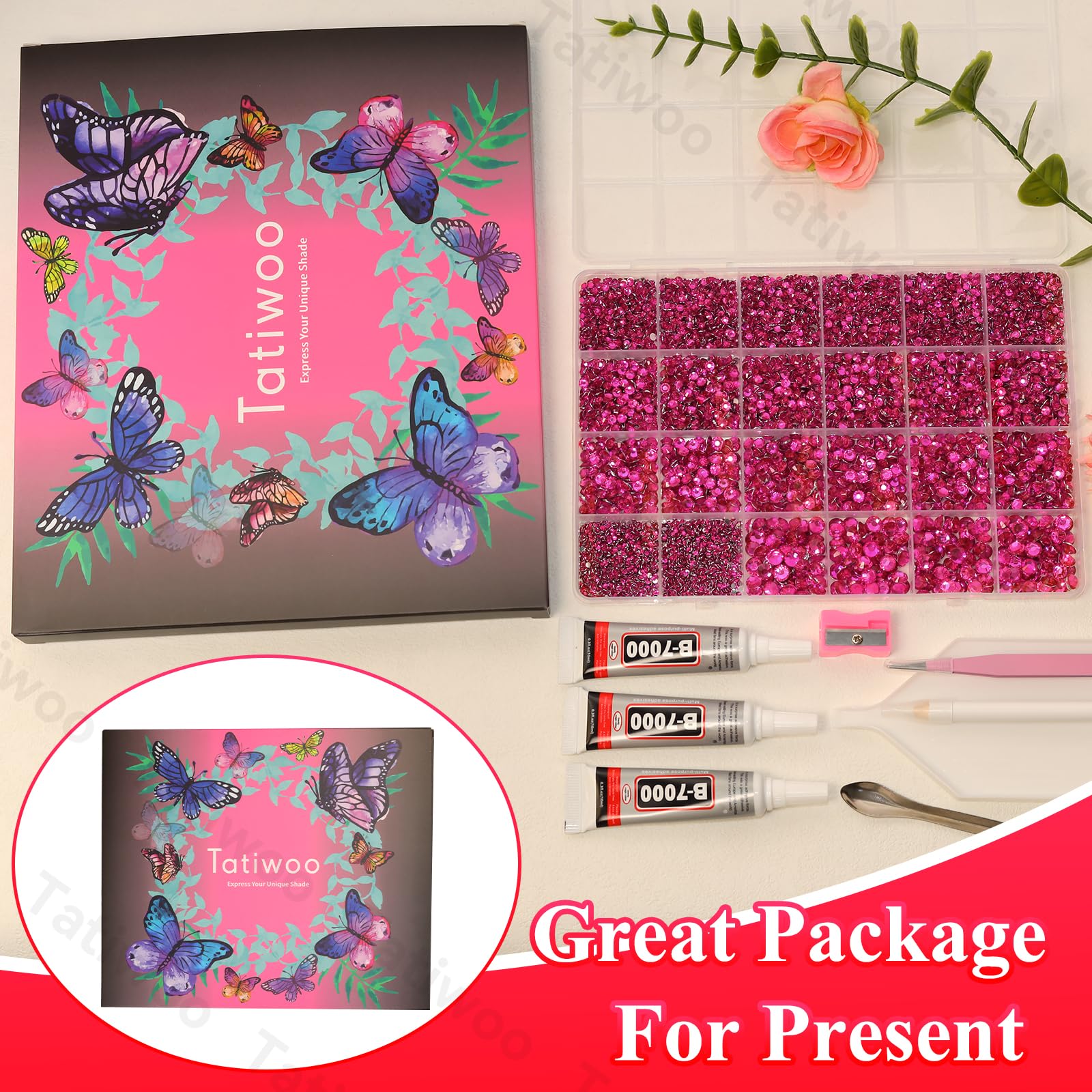 Tatiwoo 20000Pcs Hot Pink Flatback Resin Rhinestones Kit – Mixed Sizes for DIY Crafts & Tumblers