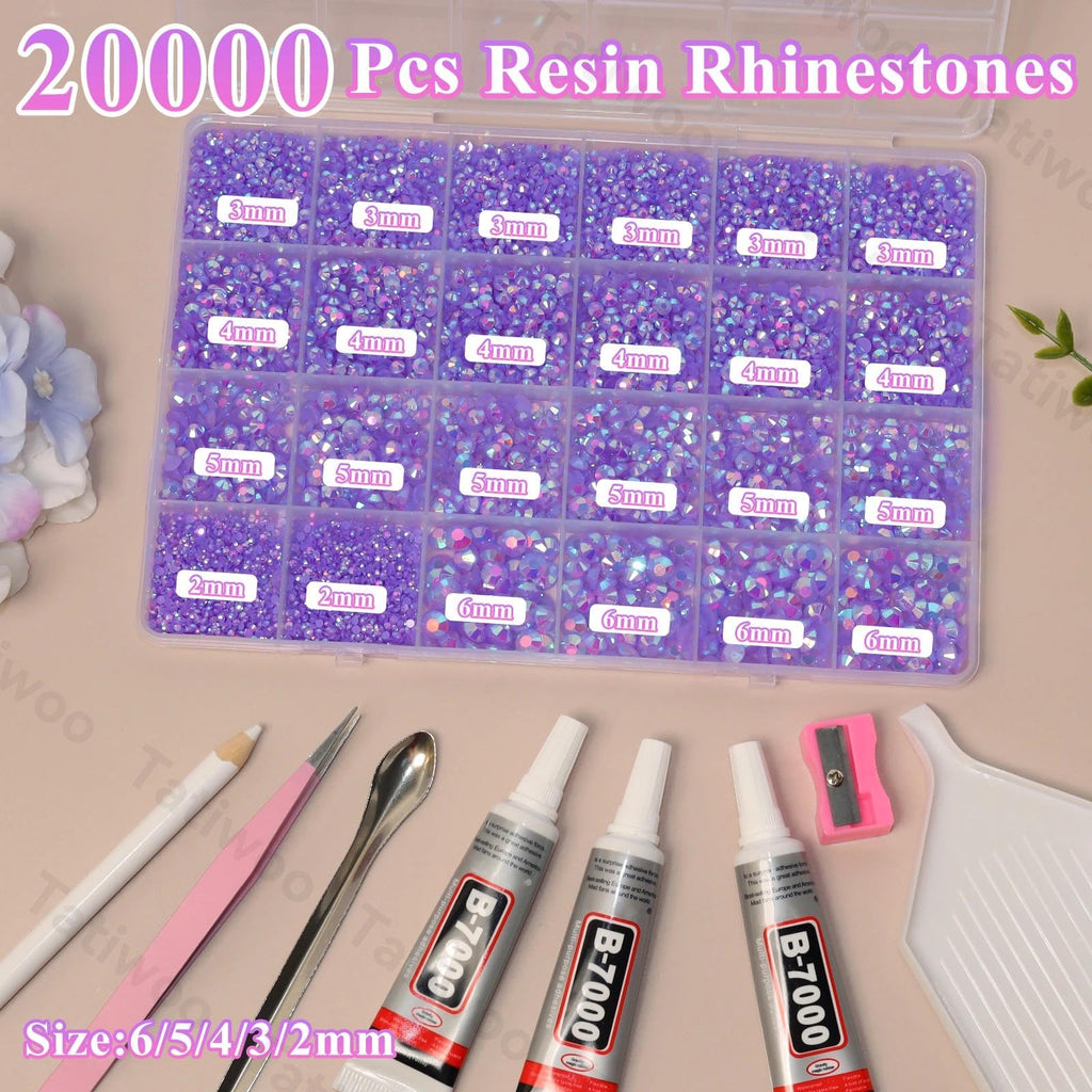 Tatiwoo 20000Pcs Light Purple AB Flatback Rhinestones Kit | 2–6mm Crystal Gems for DIY Crafts & Makeup