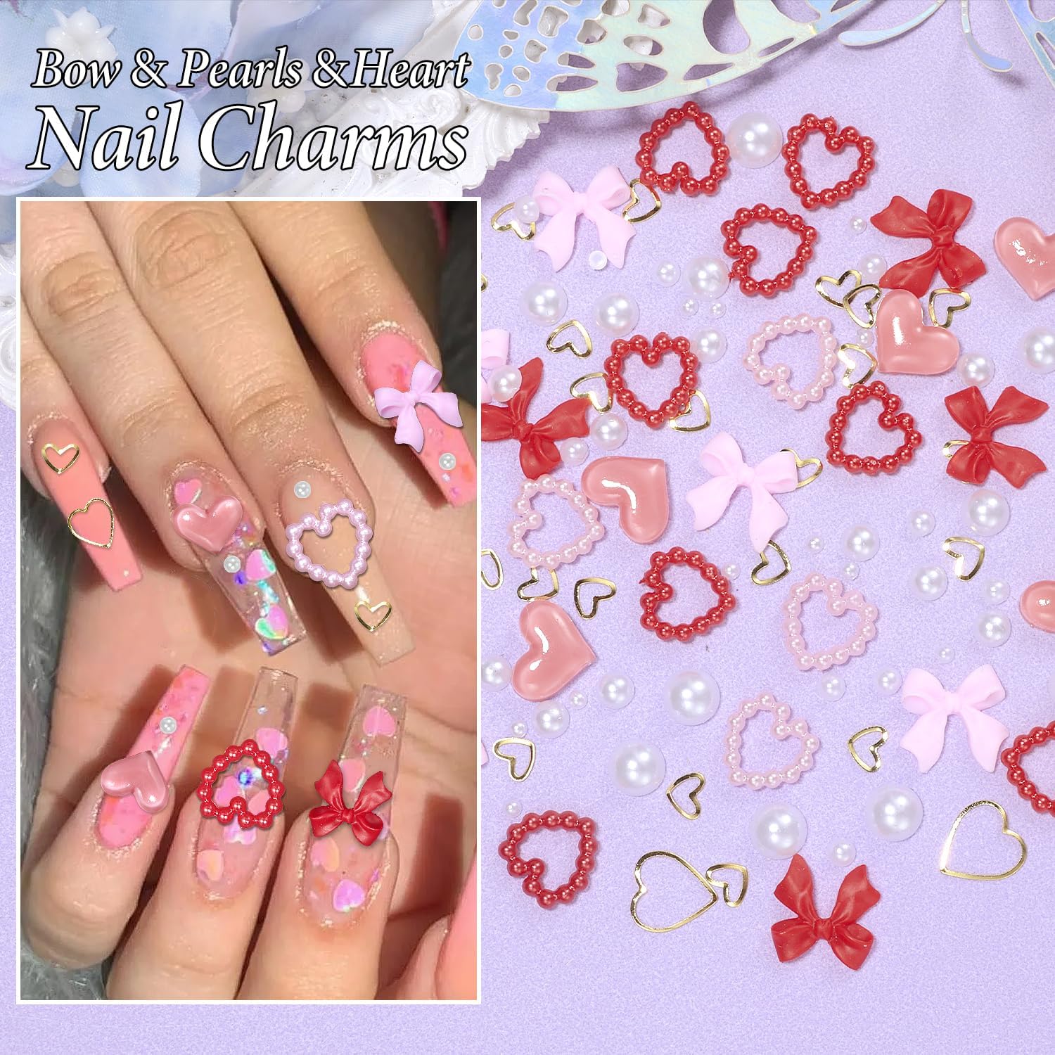 Tatiwoo 220 Pcs Valentines Gold Bow Heart Nail Charms – Y2K Nail Art Jewelry for Valentine’s Day