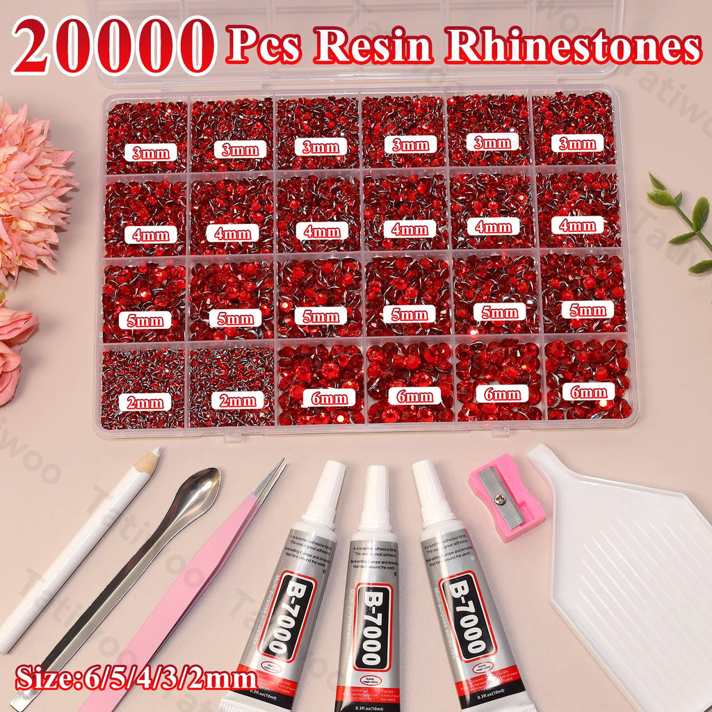 Tatiwoo 20000Pcs Ruby Red Flatback Jelly Resin Rhinestones – Mix Sizes for DIY Crafting
