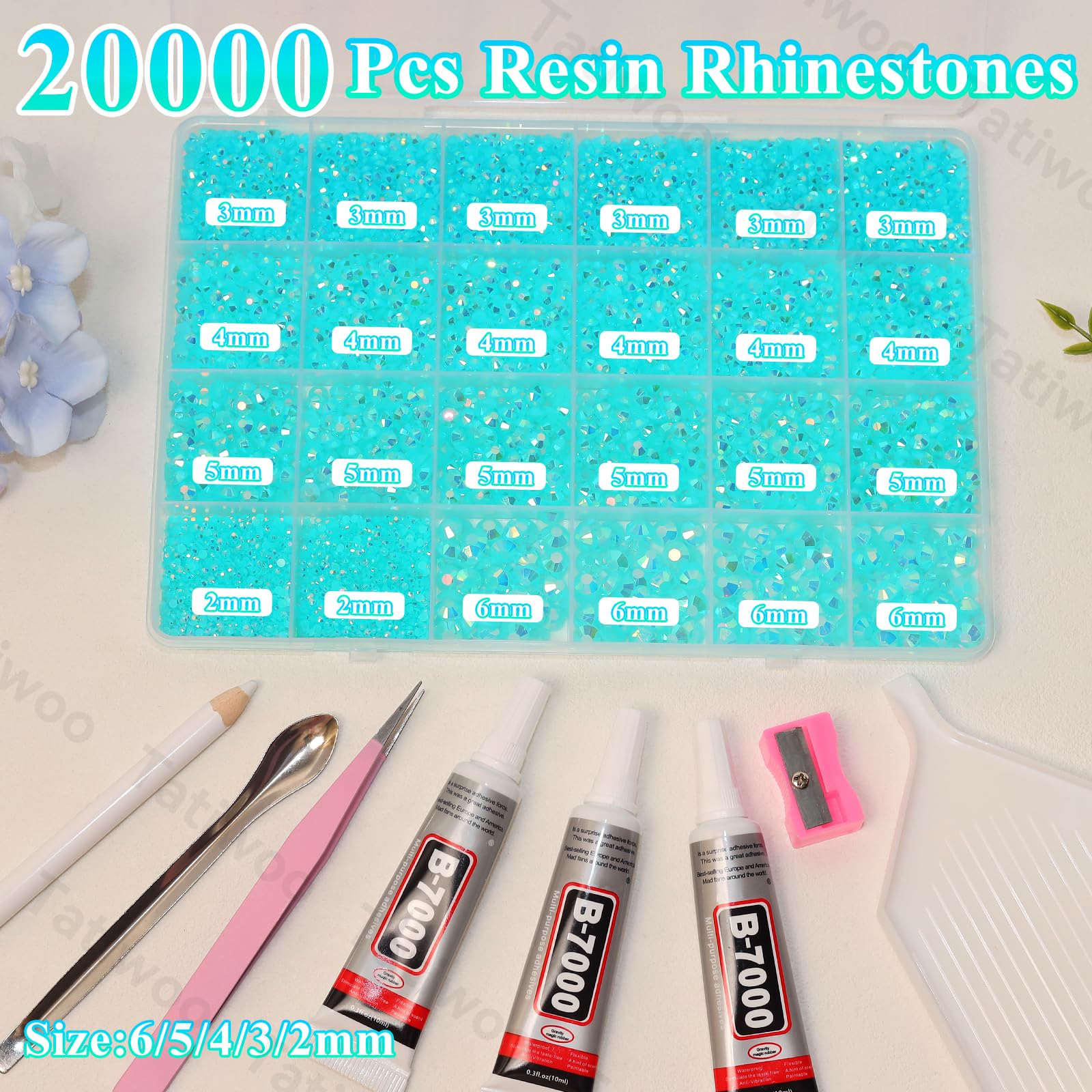 Tatiwoo 20000 Sky Blue AB Flatback Rhinestones Kit with Mixed Sizes and Tools