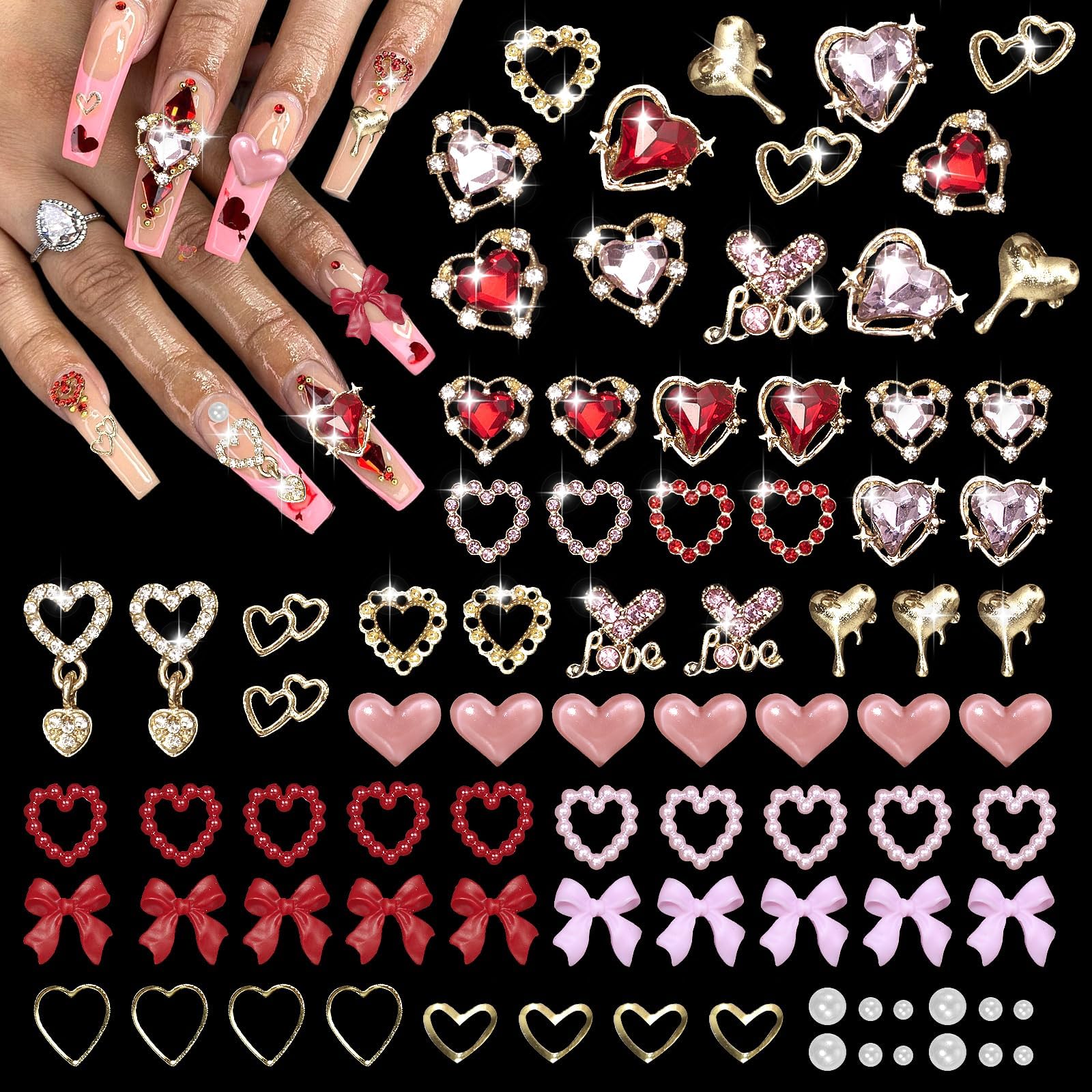 Tatiwoo 220 Pcs Valentines Gold Bow Heart Nail Charms – Y2K Nail Art Jewelry for Valentine’s Day