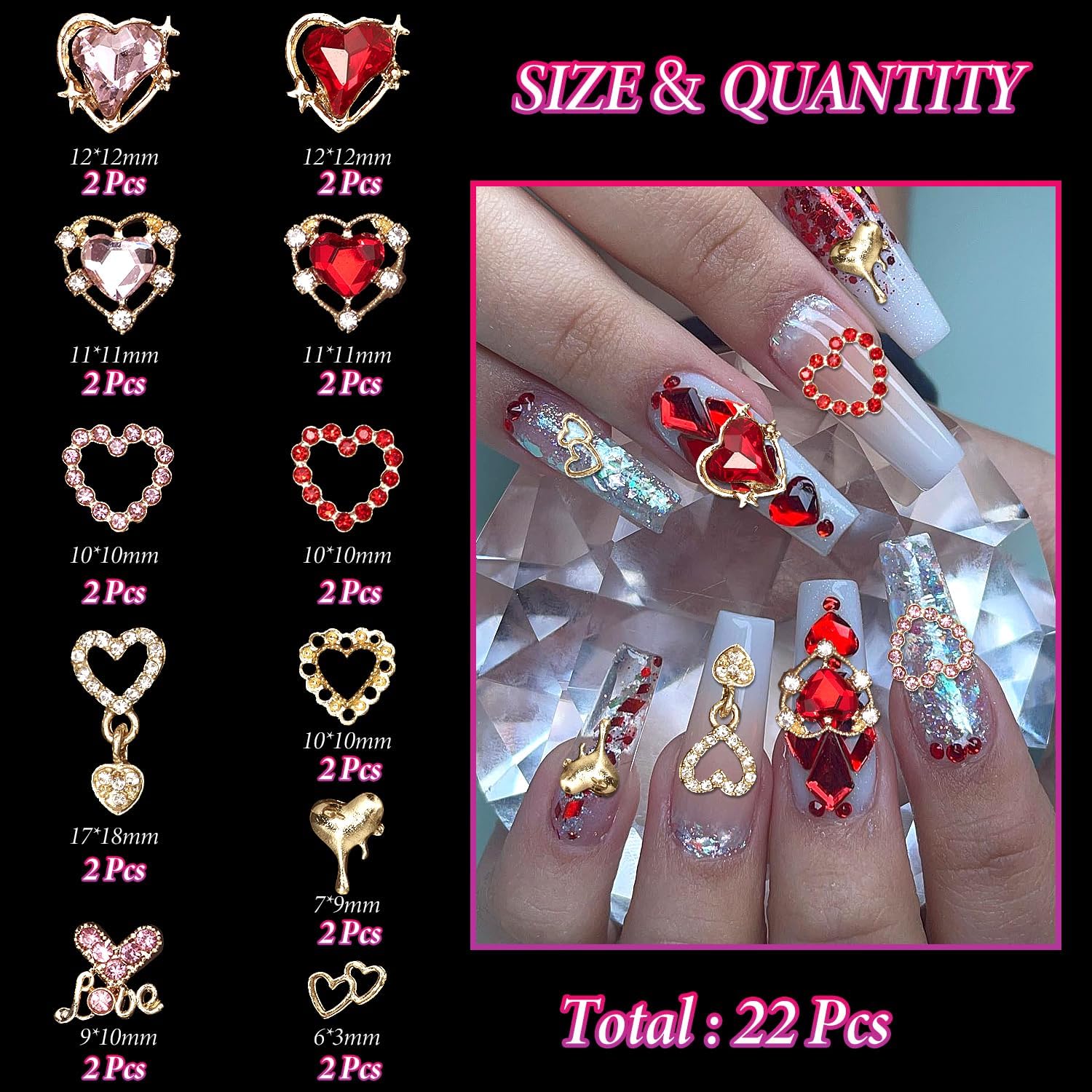 Tatiwoo 220 Pcs Valentines Gold Bow Heart Nail Charms – Y2K Nail Art Jewelry for Valentine’s Day