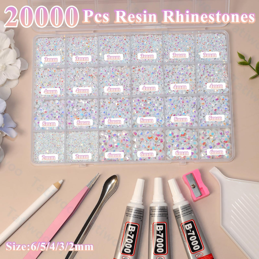 Tatiwoo 20000Pcs White AB Flatback Jelly Resin Rhinestones – Mix Sizes for DIY Crafting