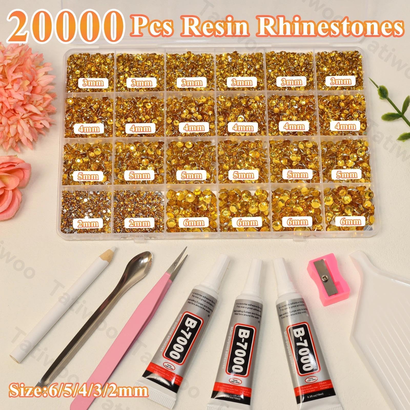 Tatiwoo 20000Pcs Yellow Gold Flatback Resin Rhinestones – Mixed Sizes for DIY Crafts