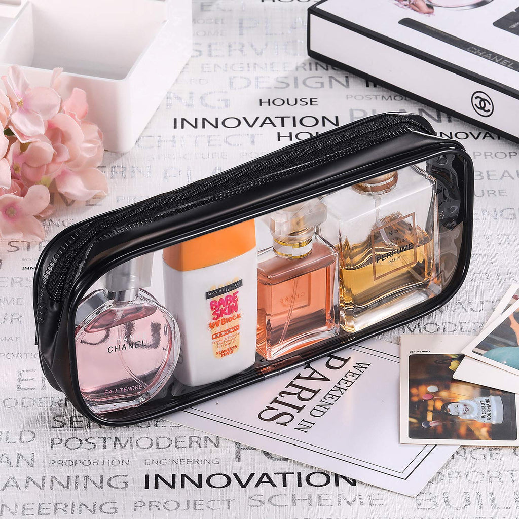Tatuo 4 Pieces Clear PVC Bags – Big Capacity Zipper Pencil Pouch Case (Black) | Travel & Makeup Organizer