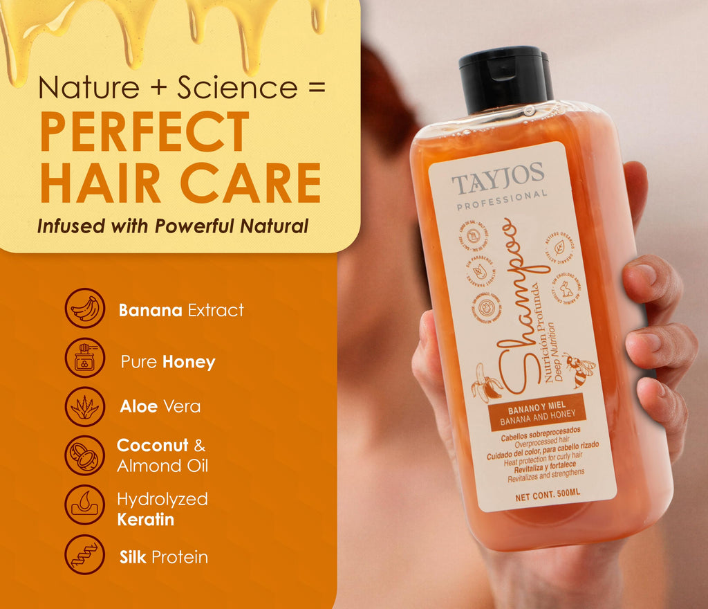TAYJOS PROFESSIONAL Banana & Honey Shampoo – Sulfate-Free Daily Cleanser with Keratin & Amino Acids | Nourishing for Dry & Damaged Hair | 16.9 oz