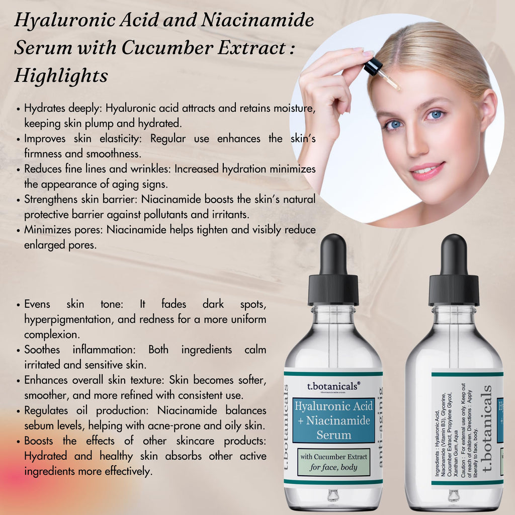 t.botanicals Pure Hyaluronic Acid & Niacinamide Serum with Cucumber Extract – Hydrating Anti-Aging Facial Serum 4 oz
