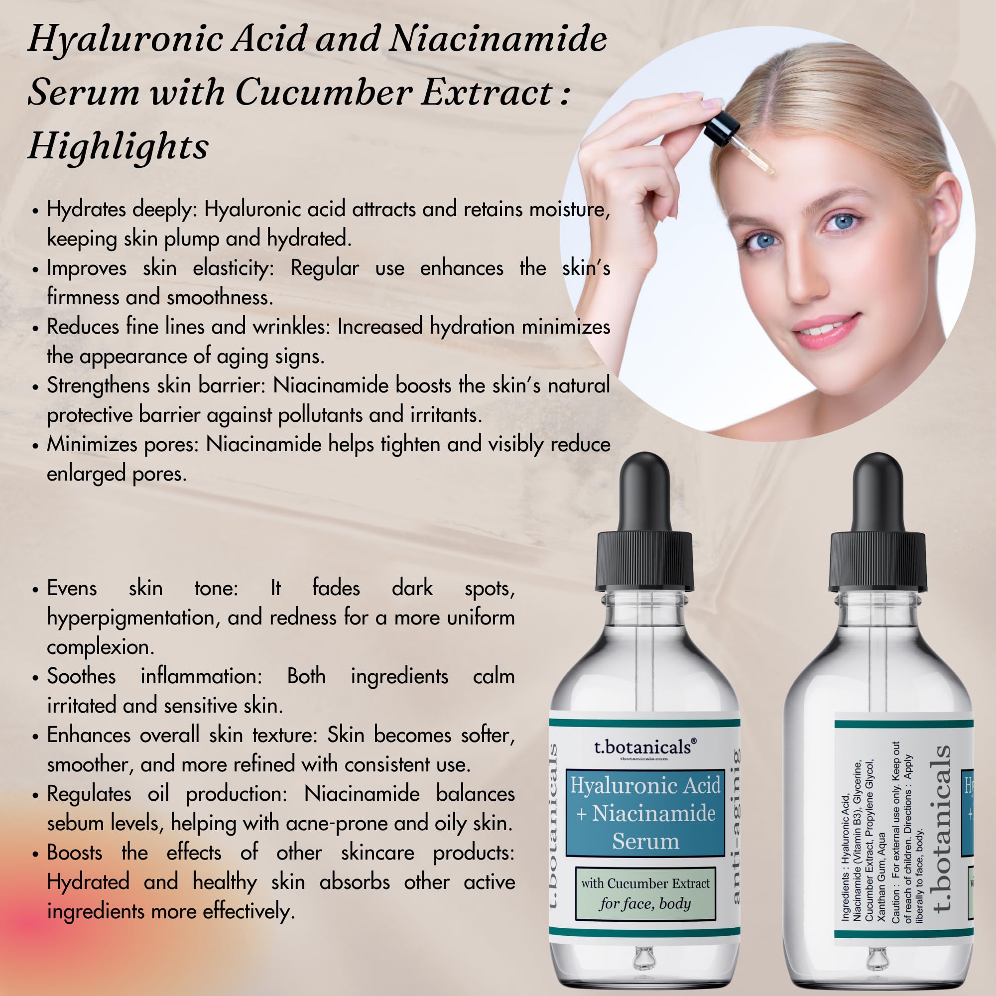 t.botanicals Pure Hyaluronic Acid & Niacinamide Serum with Cucumber Extract – Hydrating Anti-Aging Facial Serum 4 oz