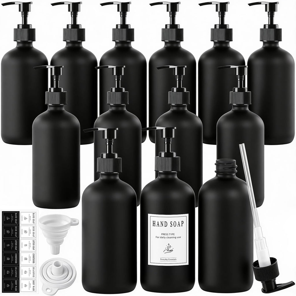 TBWIND 12-Pack 16oz Black Glass Soap Dispenser Bottles with Pumps – Refillable, Leak-Proof & Durable