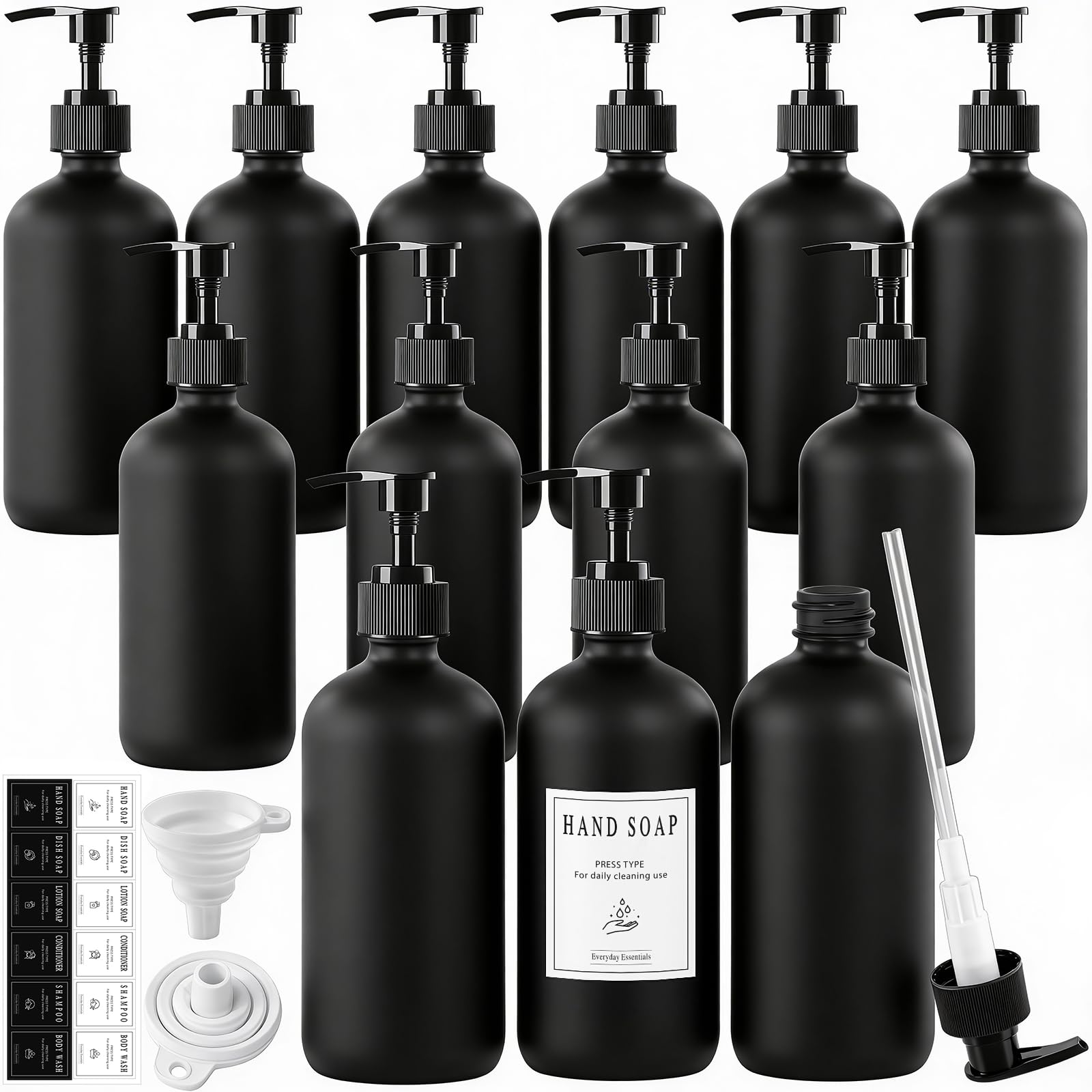 TBWIND 12-Pack 16oz Black Glass Soap Dispenser Bottles with Pumps – Refillable, Leak-Proof & Durable