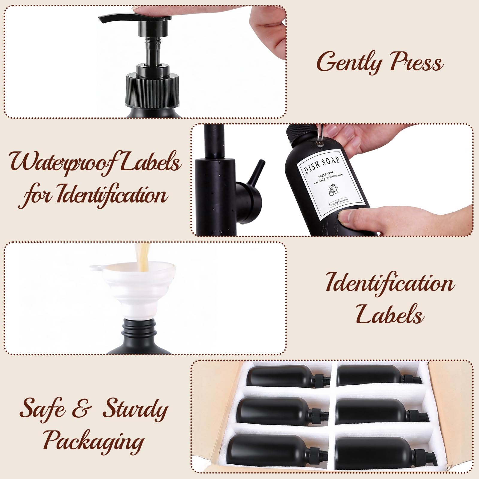 TBWIND 12-Pack 16oz Black Glass Soap Dispenser Bottles with Pumps – Refillable, Leak-Proof & Durable
