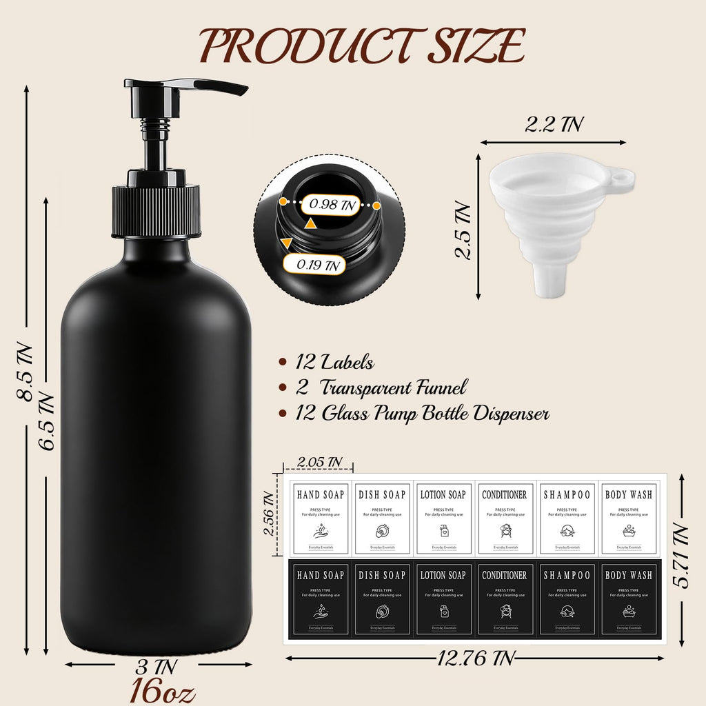 TBWIND 12-Pack 16oz Black Glass Soap Dispenser Bottles with Pumps – Refillable, Leak-Proof & Durable