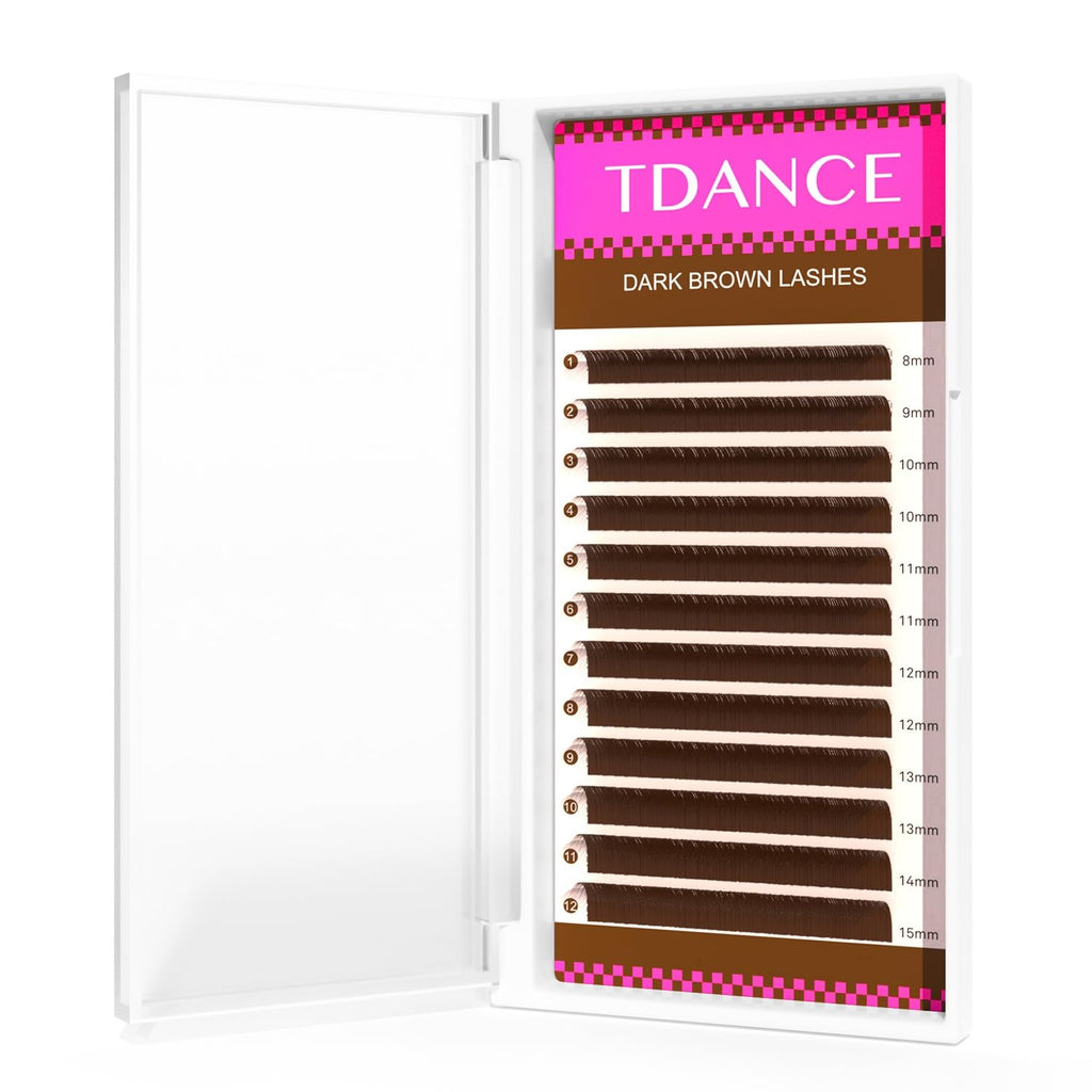 TDANCE Dark Brown Lash Extensions – Premium Brown Eyelashes, 0.03–0.15mm, C/CC/D/DD/J/B/L Curl, 8–15mm (Salon Use)