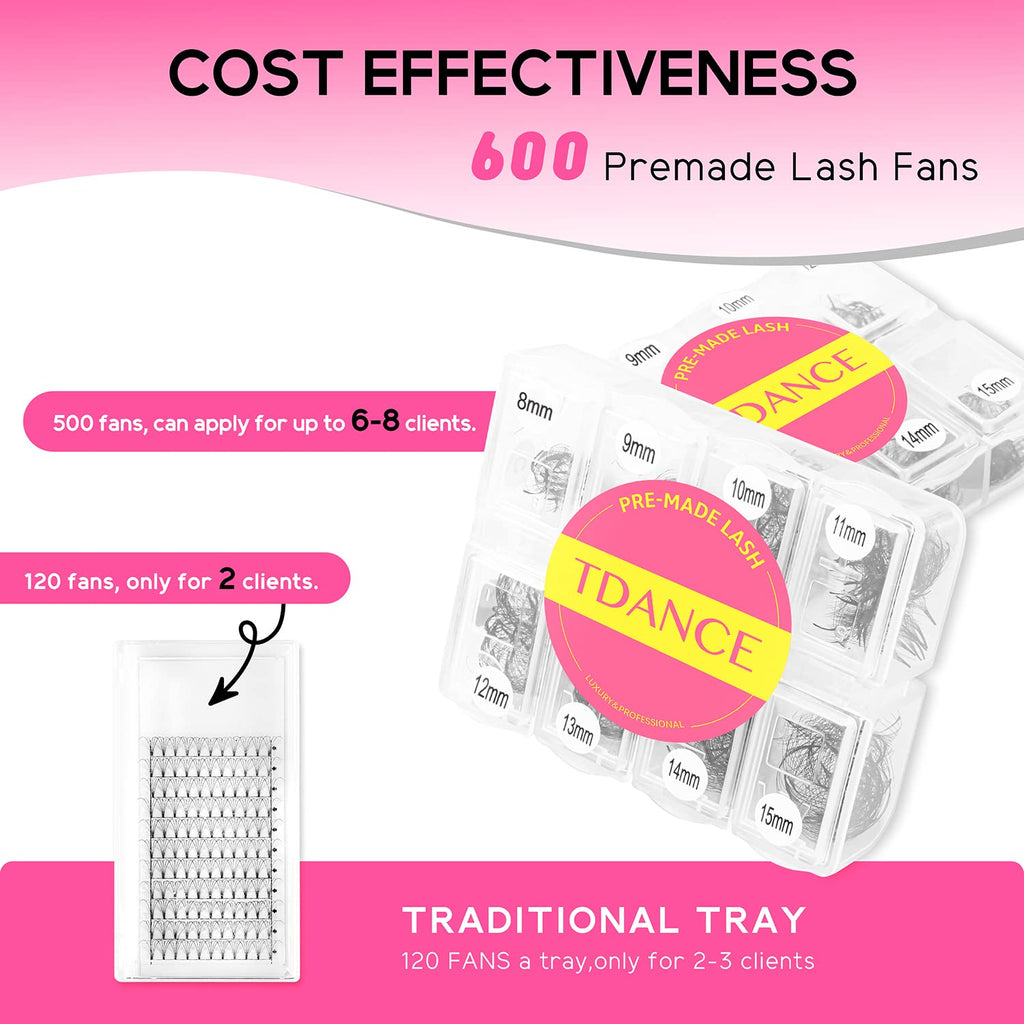 TDANCE 600 Premade Lash Fans – Natural & Volume Mix, 5D-24D, C/D Curl, 8–15mm