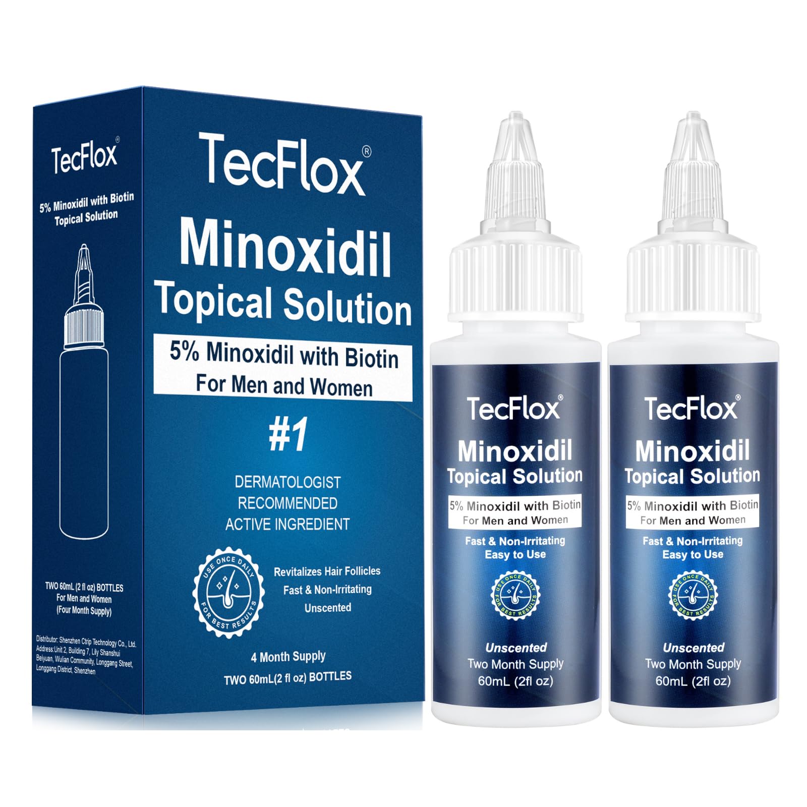TECFLOX 5% Minoxidil with Biotin – Hair Growth Serum for Men & Women | 4 fl oz (2x60 ml) Unisex