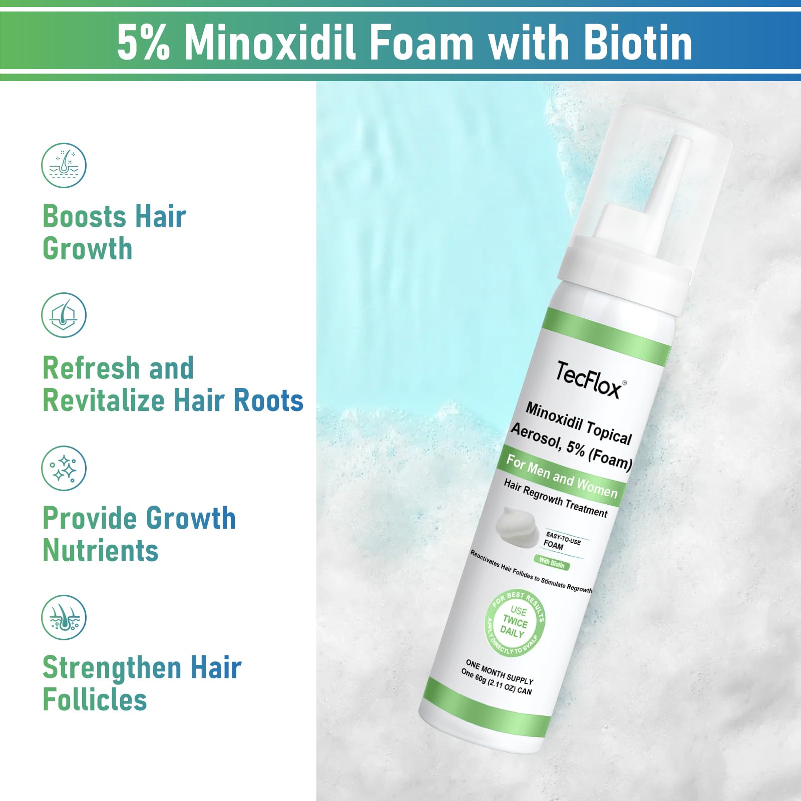 TECFLOX Minoxidil Foam 5% with Biotin for Hair & Beard Growth – Unscented, 3-Month Supply