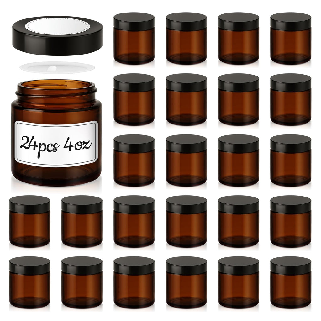 Tecohouse 4 oz Amber Glass Jars with Lids – 24 Pack | Leakproof, Airtight Storage for Lotions, Candles, and DIY Projects