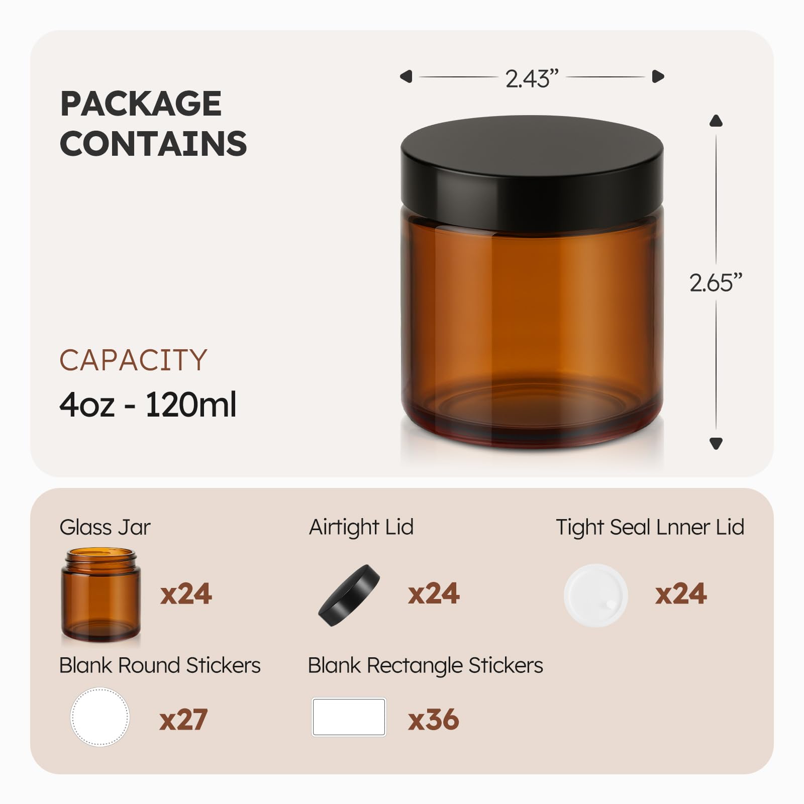 Tecohouse 4 oz Amber Glass Jars with Lids – 24 Pack | Leakproof, Airtight Storage for Lotions, Candles, and DIY Projects