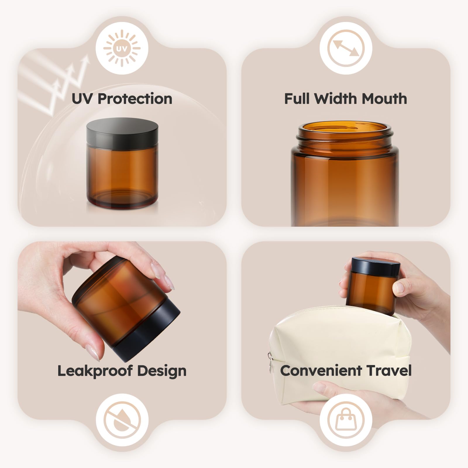 Tecohouse 4 oz Amber Glass Jars with Lids – 24 Pack | Leakproof, Airtight Storage for Lotions, Candles, and DIY Projects