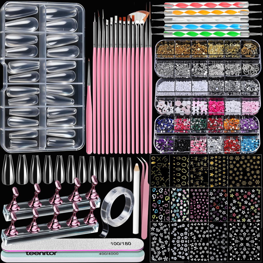 Teenitor Acrylic Nail Kit: Clear Coffin Tips, Charms & Gems for DIY Nail Art