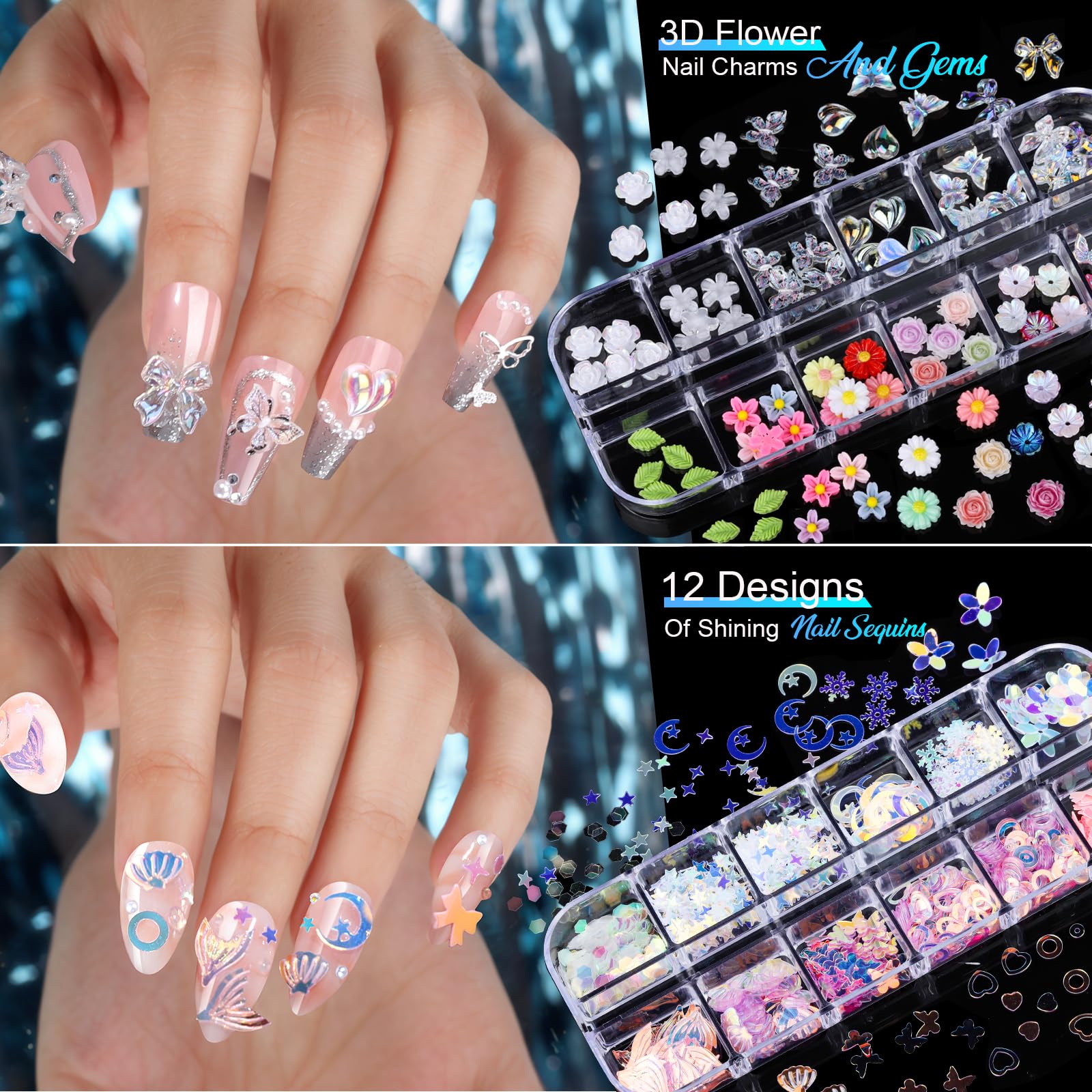 Teenitor Nail Charms & Gems Kit – 8 Boxes, 20 Nail Stickers, 3D Gems for Nails