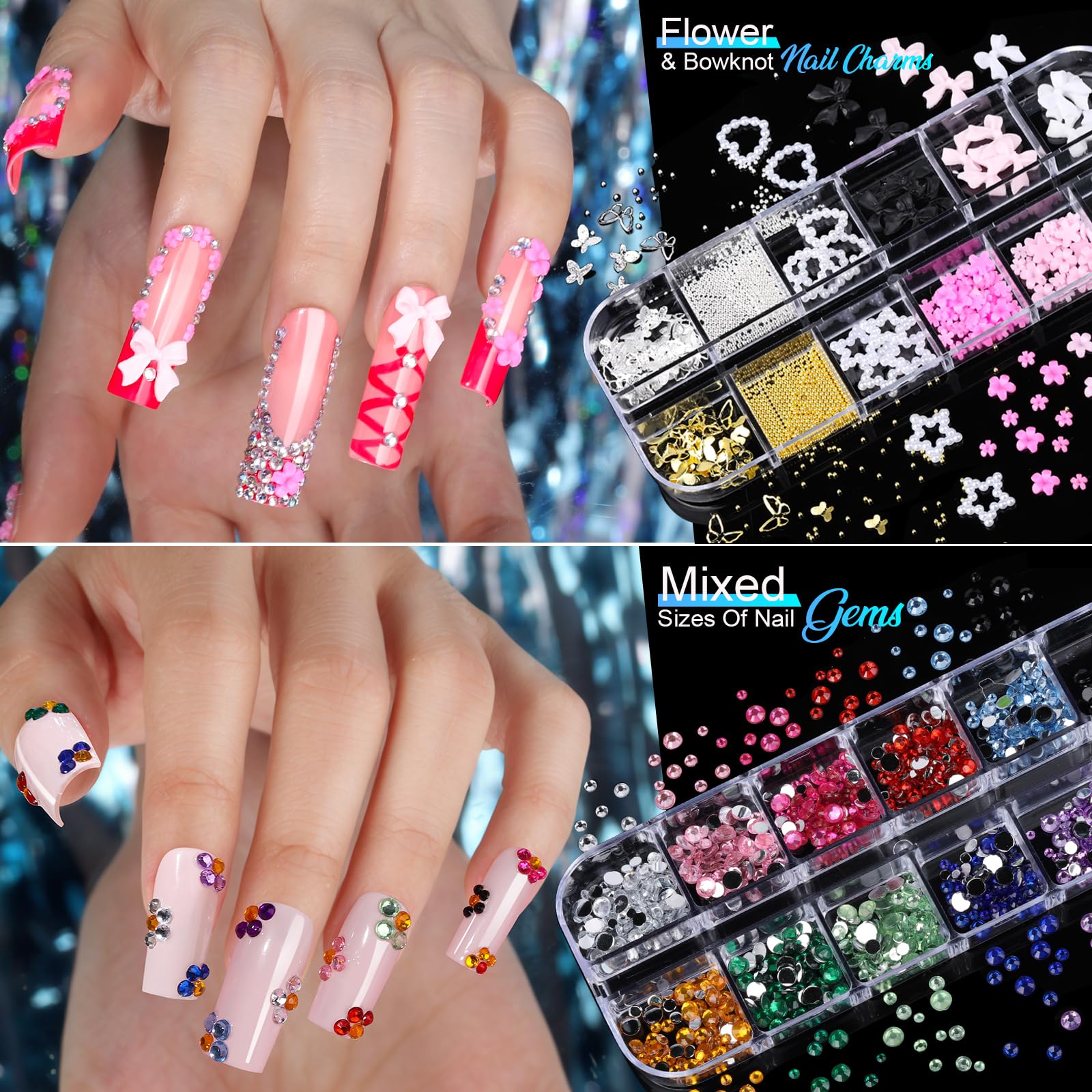 Teenitor Nail Charms & Gems Kit – 8 Boxes, 20 Nail Stickers, 3D Gems for Nails