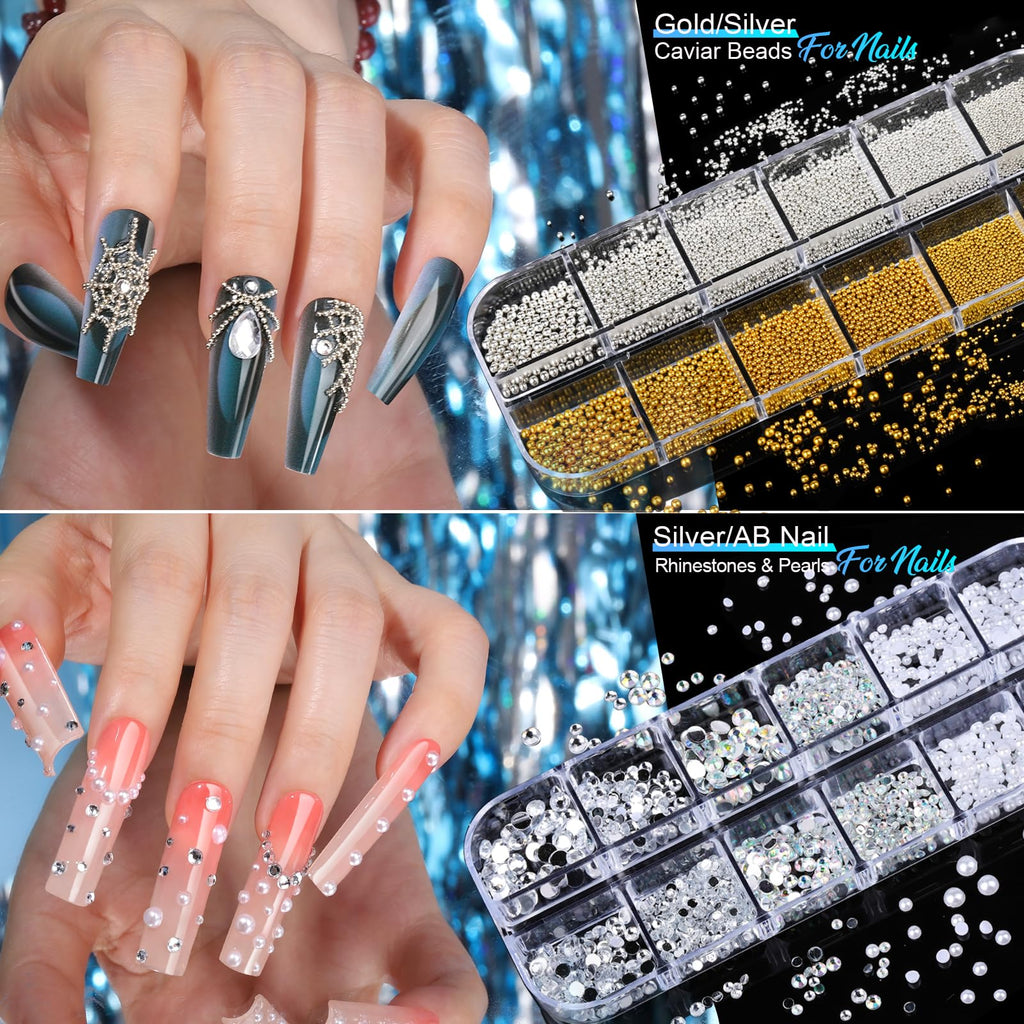 Teenitor Nail Charms & Gems Kit – 8 Boxes, 20 Nail Stickers, 3D Gems for Nails