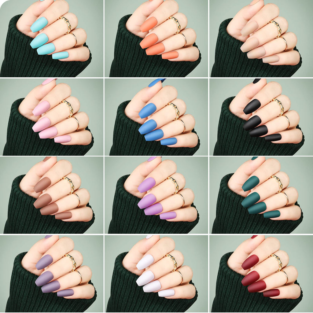 Teenitor 24 Pack Coffin Press-On Nails Kit – Medium Length, 12 Matte & 12 Glossy Colors