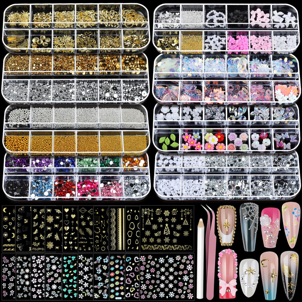 Teenitor Nail Charms & Gems Kit – 8 Boxes, 20 Nail Stickers, 3D Gems for Nails