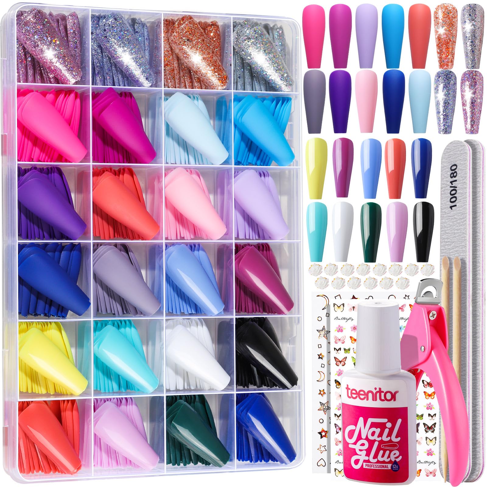 Teenitor Long Fake Nails Kit - 576pc Matte, Glossy & Glitter