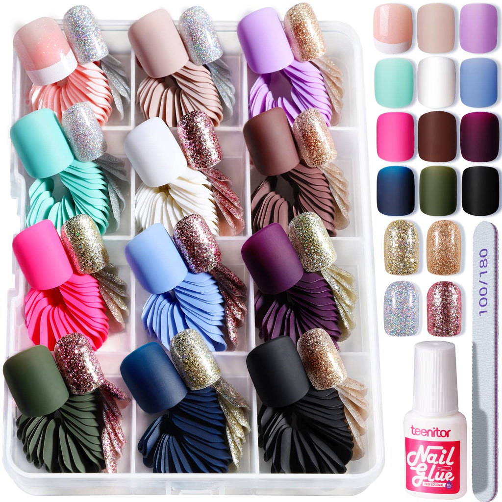 Teenitor Matte Acrylic Short Square Fake Nails – 360Pcs Full Cover Glitter Press-On Nails