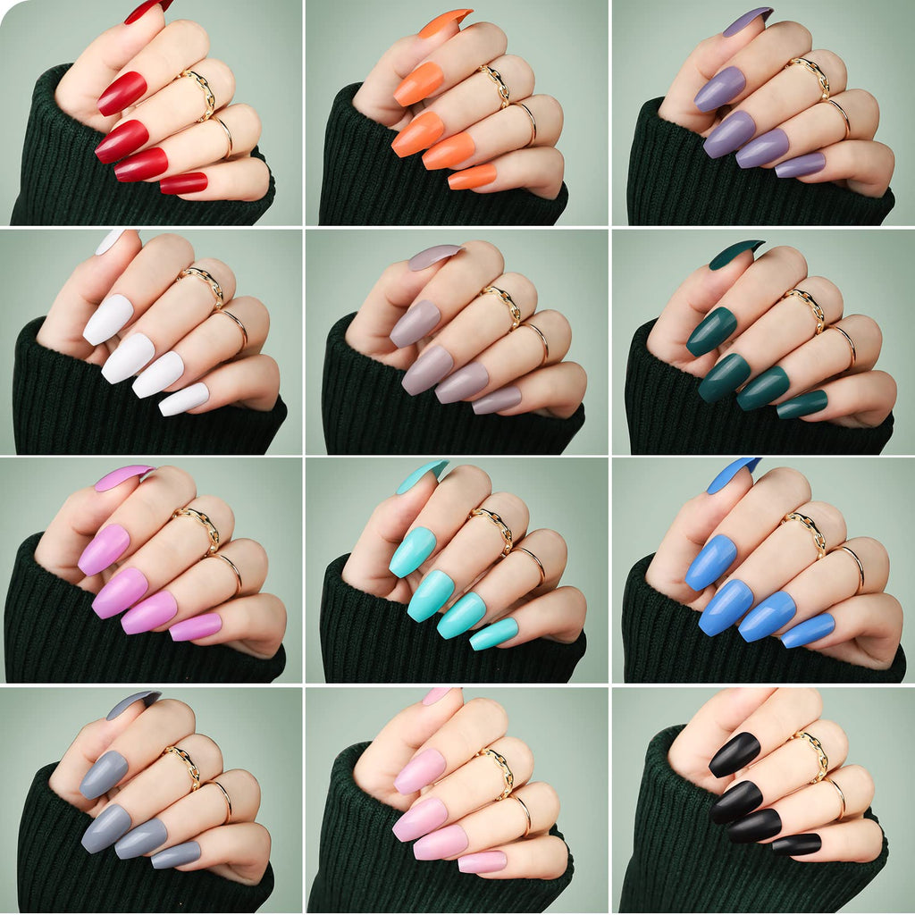 Teenitor 24 Pack Coffin Press-On Nails Kit – Medium Length, 12 Matte & 12 Glossy Colors