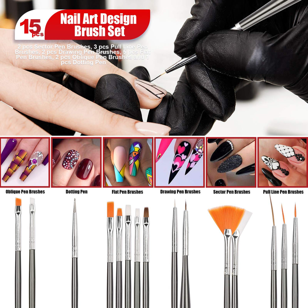Teenitor Nail Pen Designer Kit – 15 Brushes, Dotting Pens, Foil & Rhinestones (Black)