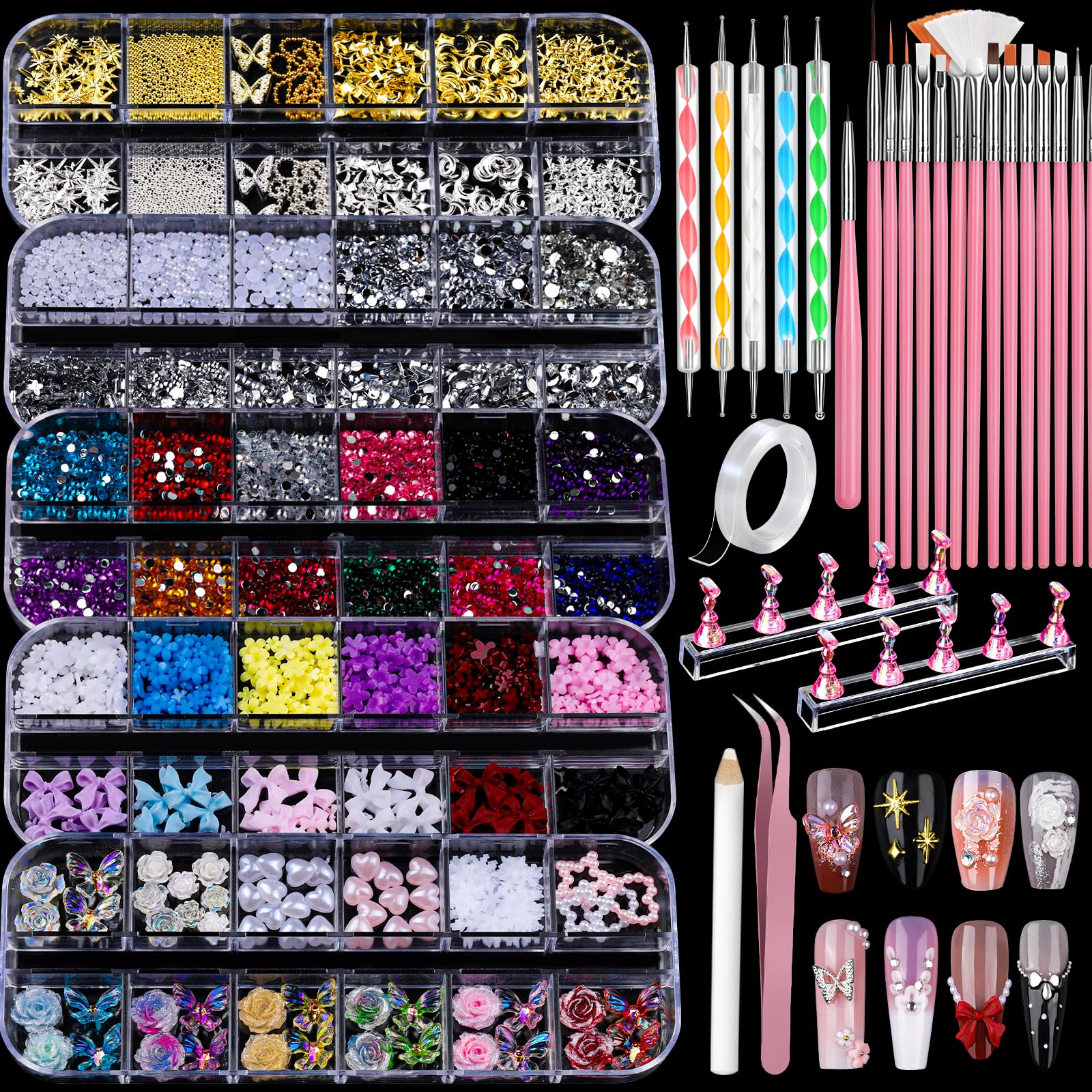 Teenitor Nail Charms & Nail Art Tools Set | 5 Charm Boxes, 15 Brushes, 2 Magnetic Nail Stands