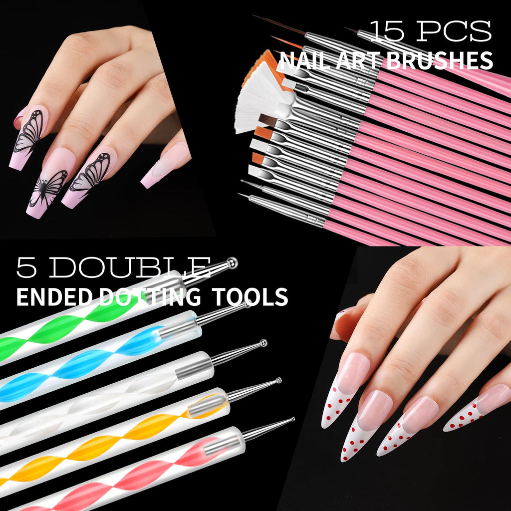 Teenitor Nail Charms & Nail Art Tools Set | 5 Charm Boxes, 15 Brushes, 2 Magnetic Nail Stands