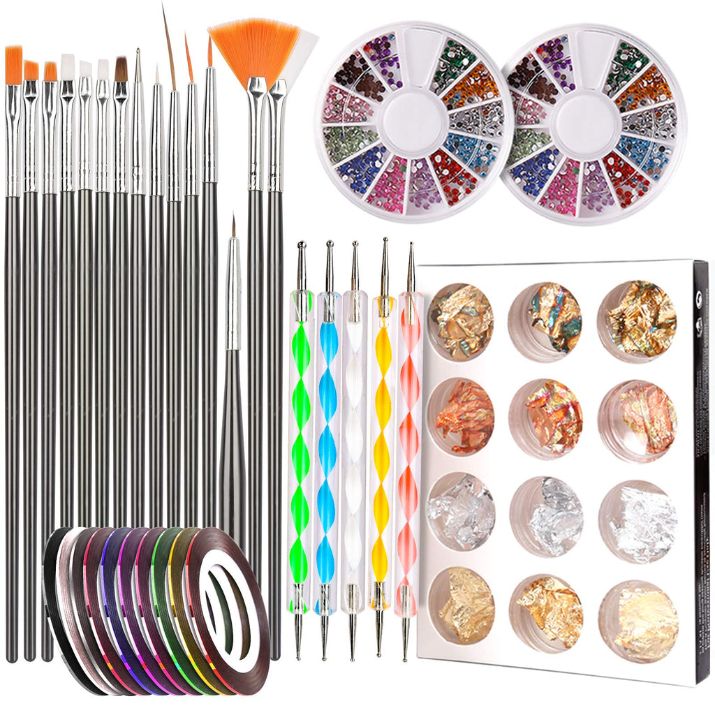 Teenitor Nail Pen Designer Kit – 15 Brushes, Dotting Pens, Foil & Rhinestones (Black)