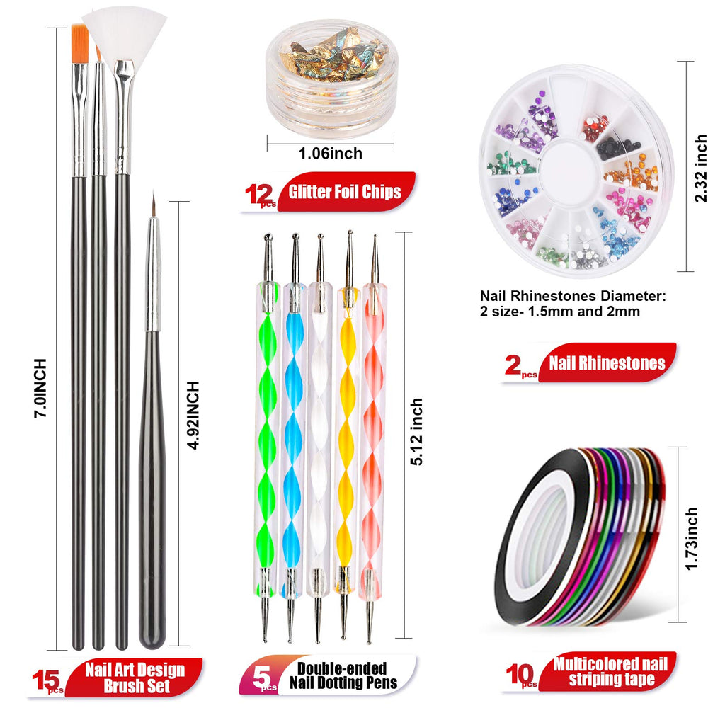 Teenitor Nail Pen Designer Kit – 15 Brushes, Dotting Pens, Foil & Rhinestones (Black)