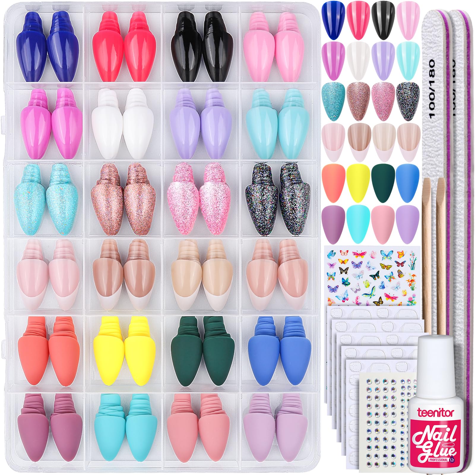 Teenitor Almond Press On Nails – 24 Pack, 576 Pcs | Short Matte & Glossy Almond Nails