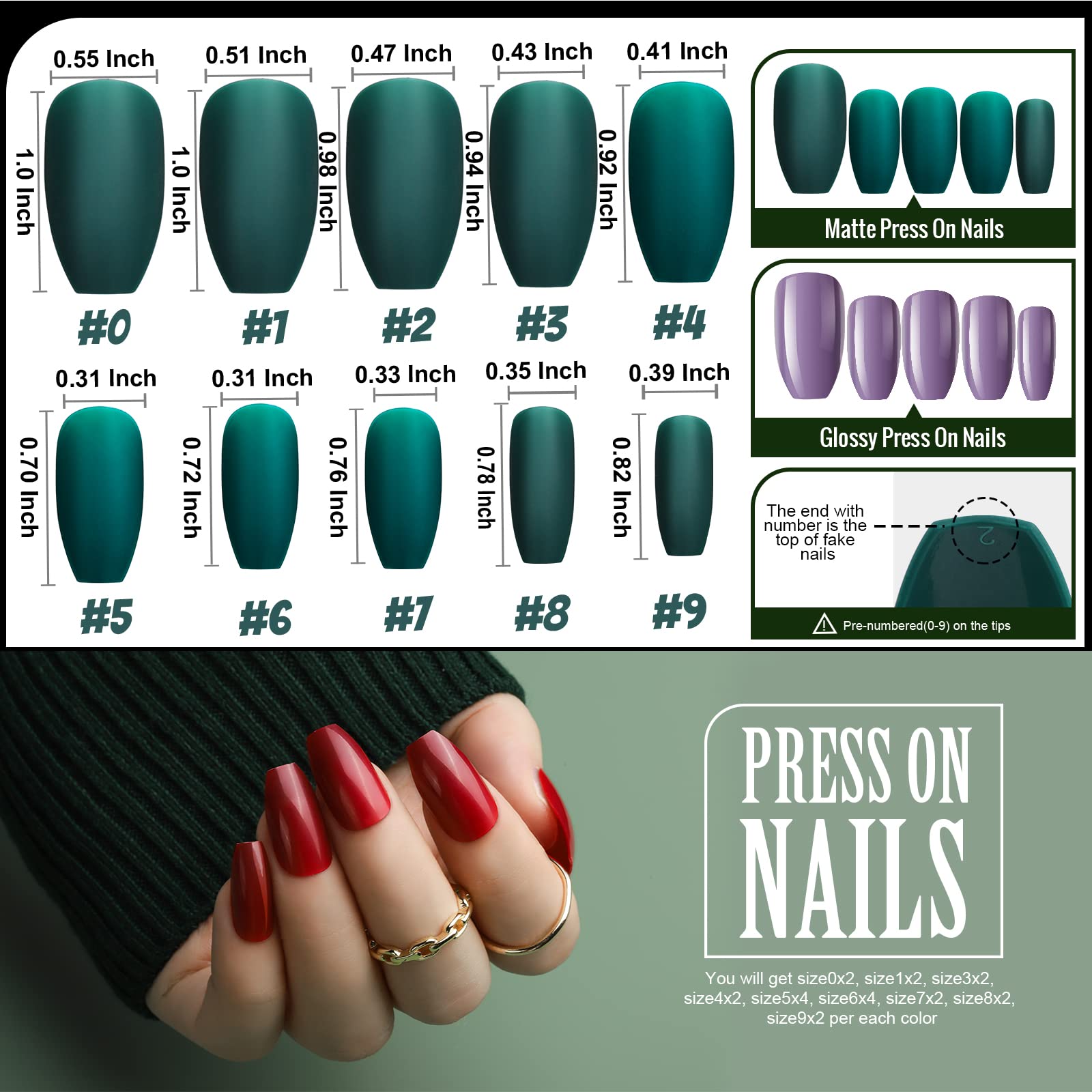 Teenitor 24 Pack Coffin Press-On Nails Kit – Medium Length, 12 Matte & 12 Glossy Colors
