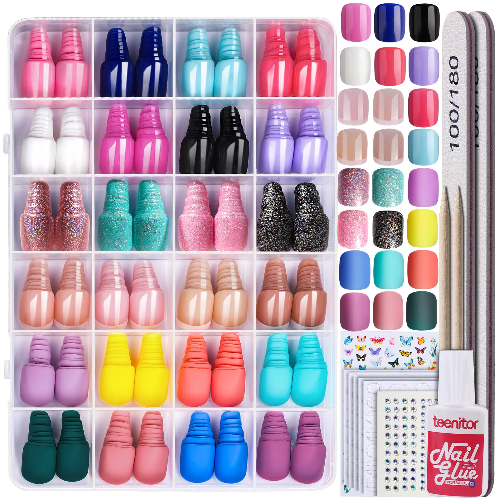 Teenitor 24Pack Short Square Press On Nails Kit – Matte, Glitter, French Tip & Glossy, with Glue & Tools