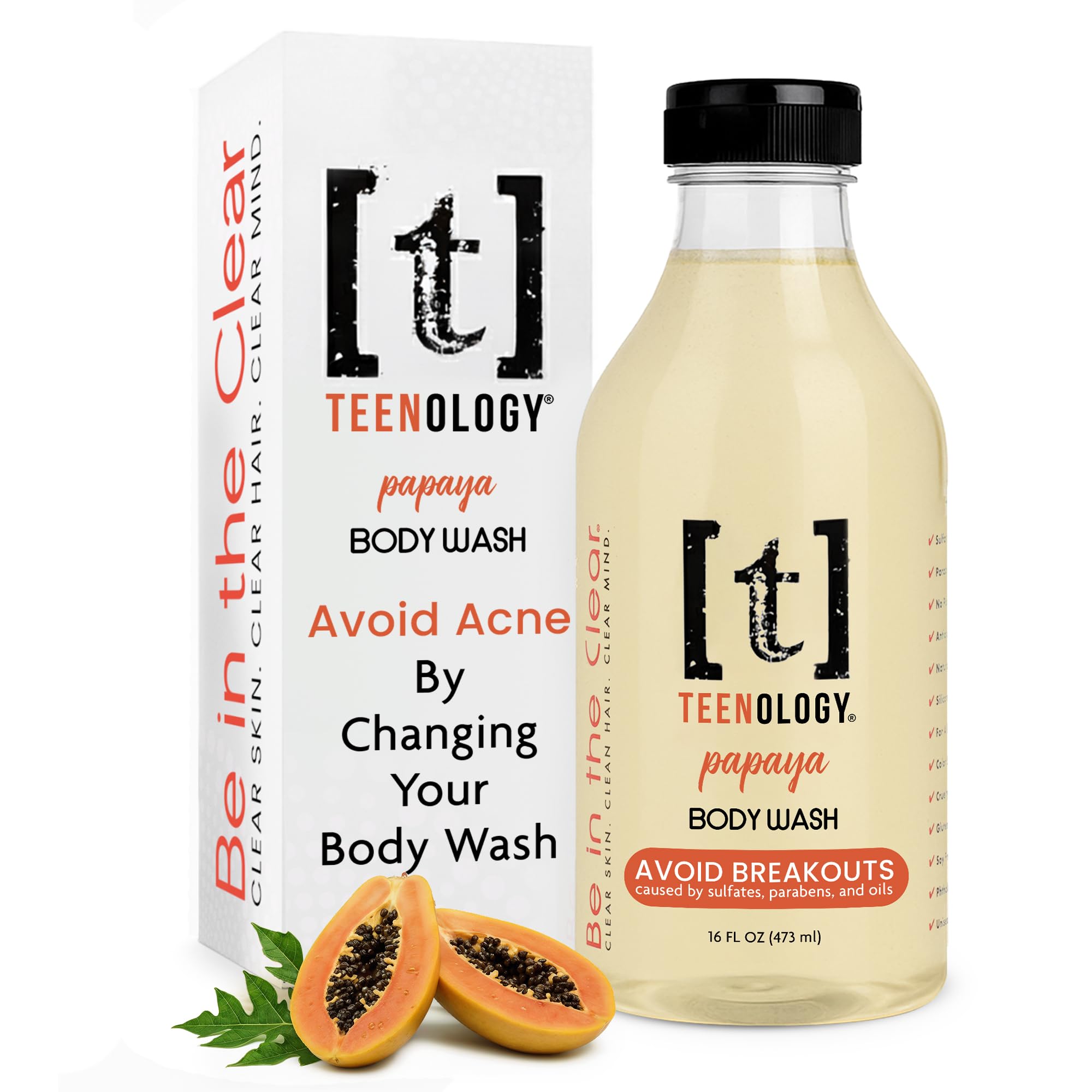 Teenology Body Wash for Teens – Clearer Skin, Sulfate & Paraben Free, Papaya Extracts, 16 oz
