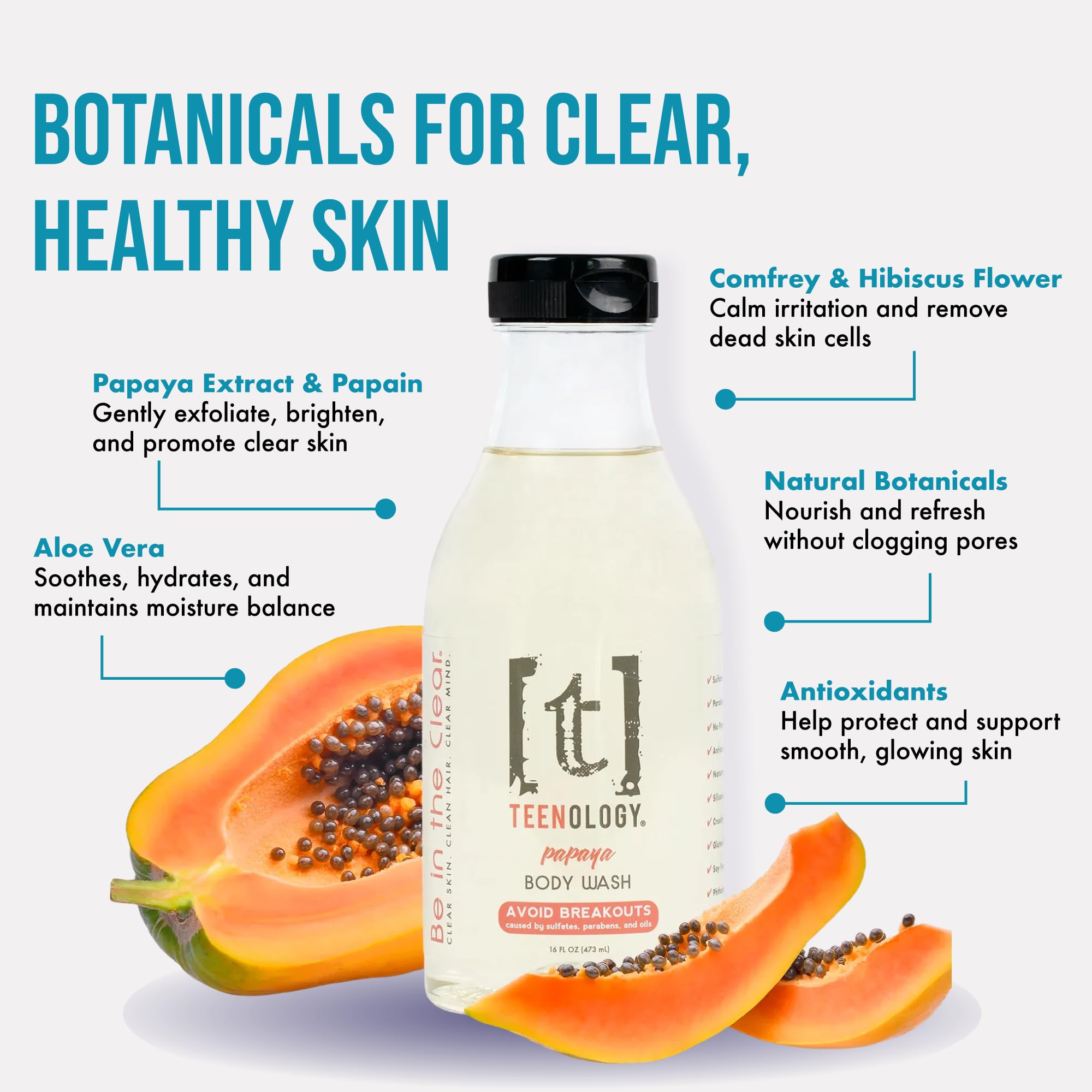 Teenology Body Wash for Teens – Clearer Skin, Sulfate & Paraben Free, Papaya Extracts, 16 oz