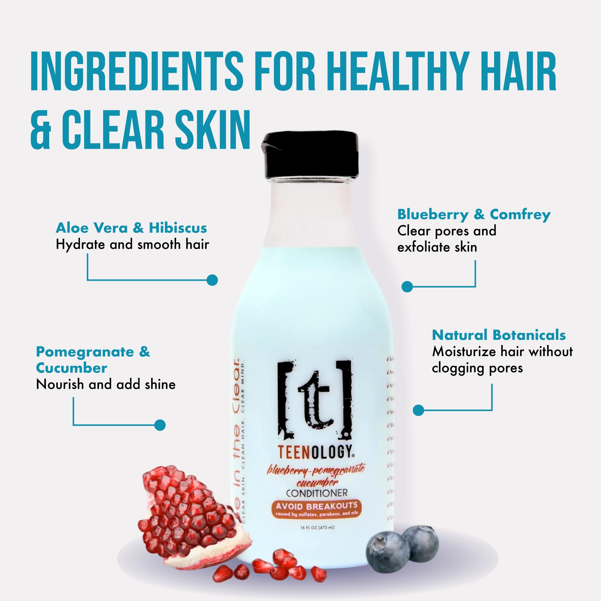 Teenology Teen Conditioner – Non-Comedogenic for Dry & Oily Scalp | Sulfate & Paraben Free | 16 oz | Blueberry Pomegranate Cucumber