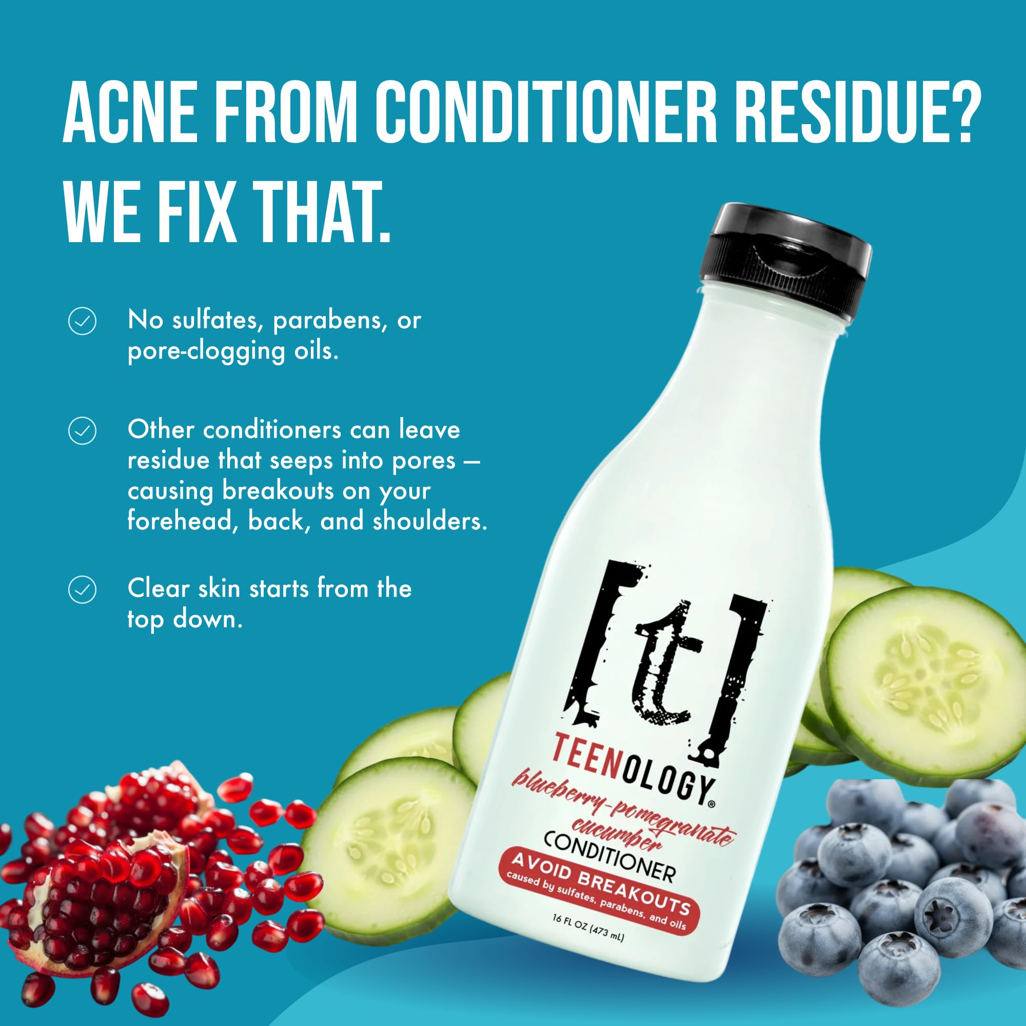 Teenology Teen Conditioner – Non-Comedogenic for Dry & Oily Scalp | Sulfate & Paraben Free | 16 oz | Blueberry Pomegranate Cucumber