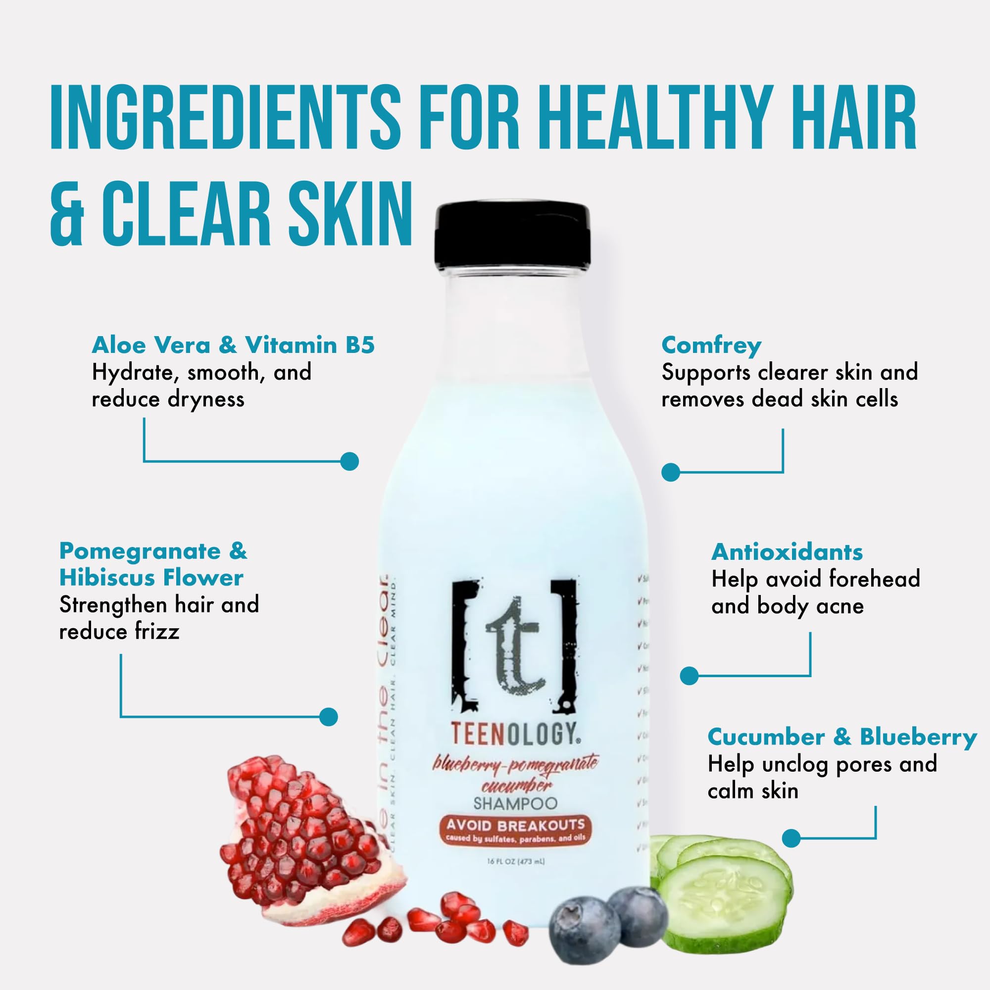 Teenology Teen Shampoo – Non-Comedogenic, Sulfate & Paraben Free, 16 oz (Blueberry Pomegranate Cucumber)