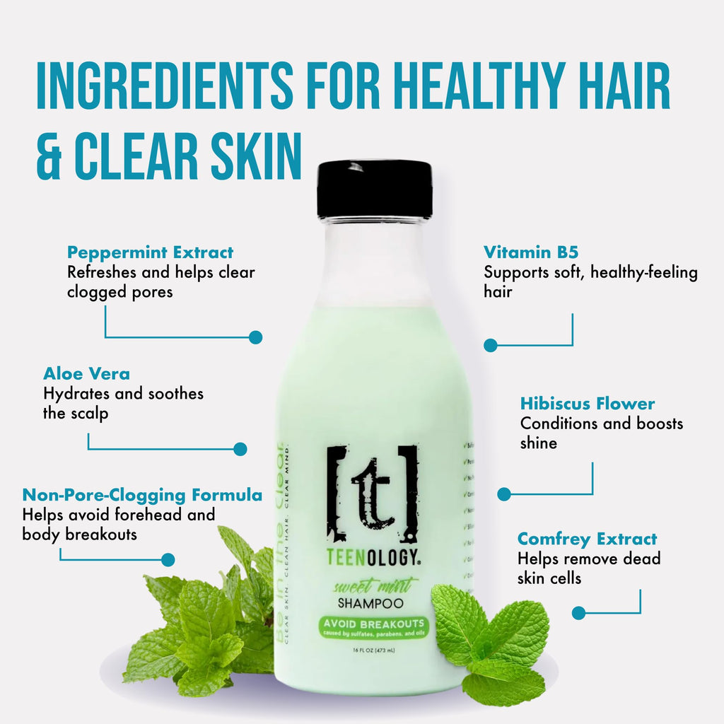 Teenology Teen Shampoo – Non-Comedogenic Mint Formula for Dry & Oily Scalps, Sulfate & Paraben Free, 16 oz