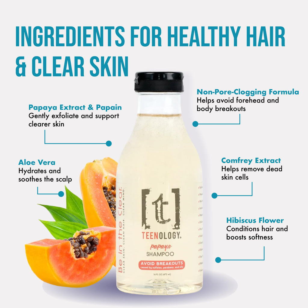 Teenology Teen Shampoo – Clear Skin & Healthy Hair (Papaya, 16 oz)